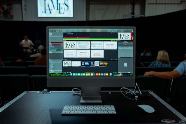 The tech desk screen showing slides for a sermon in James